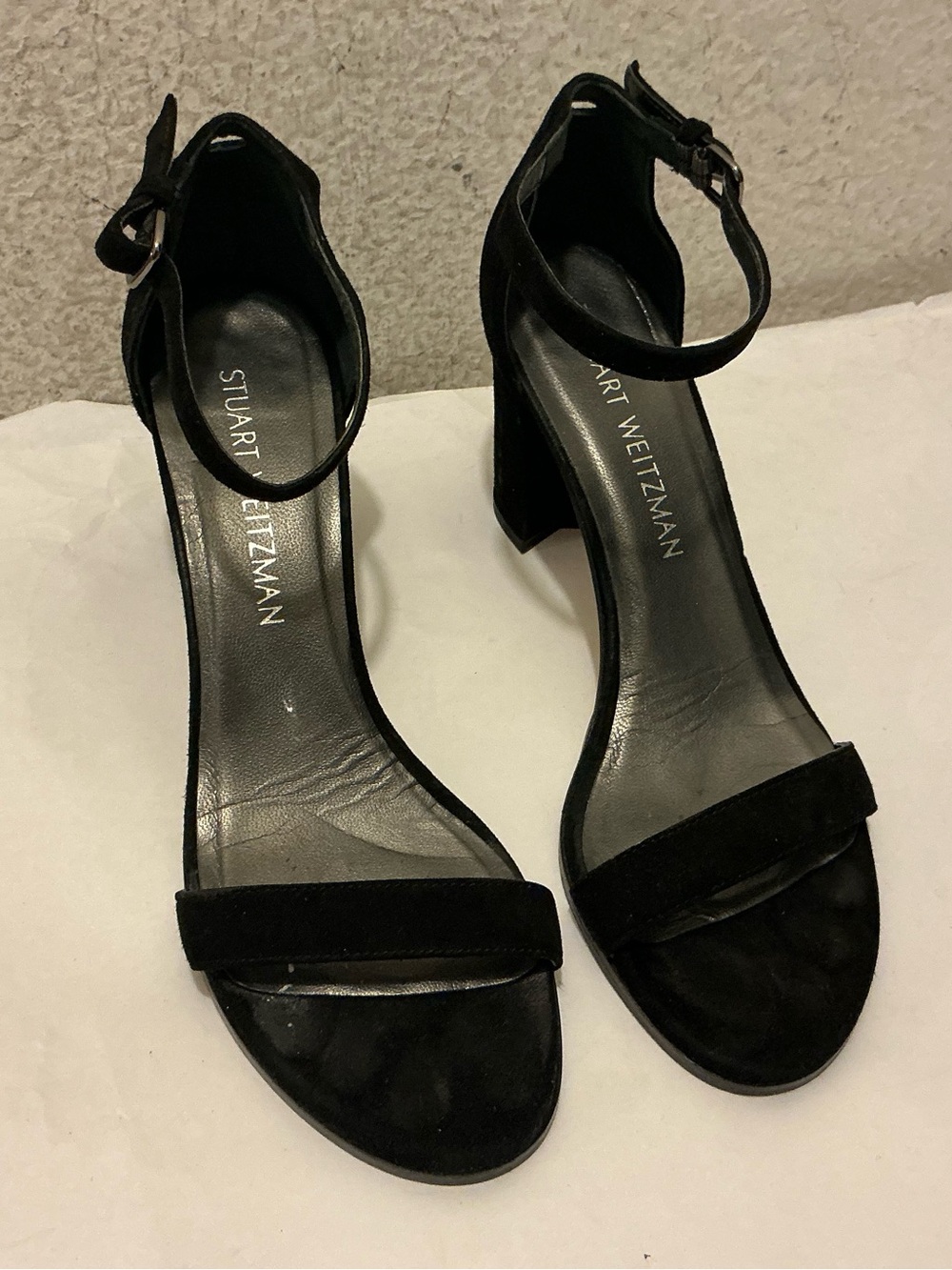 Stuart Weitzman Black Suede Ankle-Strap Block Heel Sandals 7N